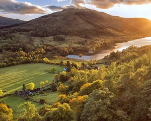 Preview wallpaper scotland, mountains, field, river, trees, view from above
