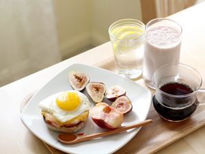 Preview wallpaper scrambled eggs, figs, fruits, breakfast