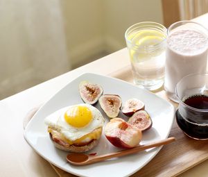 Preview wallpaper scrambled eggs, figs, fruits, breakfast