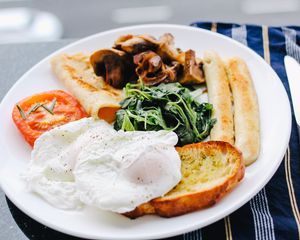 Preview wallpaper scrambled eggs, sausage, vegetables, bread, breakfast
