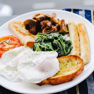 Preview wallpaper scrambled eggs, sausage, vegetables, bread, breakfast