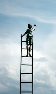 Preview wallpaper sculpture, boy, ladder, clouds, sky