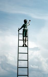 Preview wallpaper sculpture, boy, ladder, clouds, sky