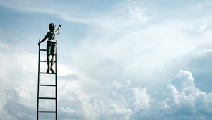 Preview wallpaper sculpture, boy, ladder, clouds, sky