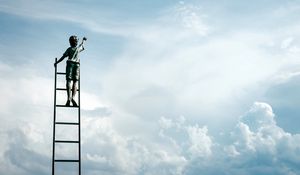 Preview wallpaper sculpture, boy, ladder, clouds, sky