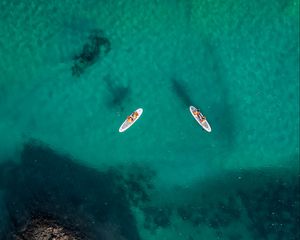 Preview wallpaper sea, aerial view, boats, water, coast, stony