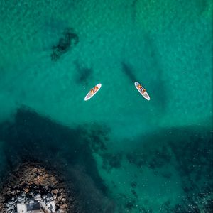 Preview wallpaper sea, aerial view, boats, water, coast, stony