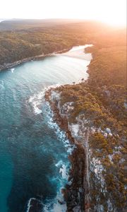 Preview wallpaper sea, aerial view, trees, bay, sunlight