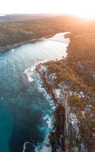 Preview wallpaper sea, aerial view, trees, bay, sunlight