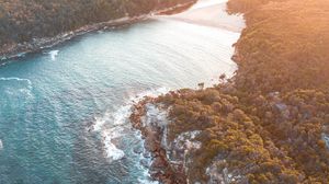 Preview wallpaper sea, aerial view, trees, bay, sunlight