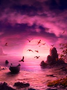 Preview wallpaper sea, art, boat, birds, rocks, shore, horizon