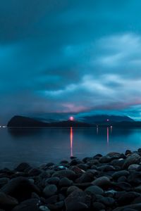 Preview wallpaper sea, bay, pebbles, stones, lights