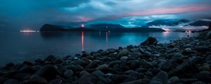 Preview wallpaper sea, bay, pebbles, stones, lights