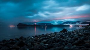 Preview wallpaper sea, bay, pebbles, stones, lights