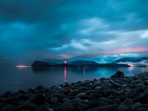 Preview wallpaper sea, bay, pebbles, stones, lights