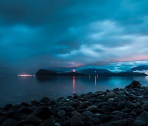 Preview wallpaper sea, bay, pebbles, stones, lights