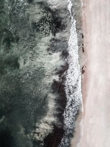 Preview wallpaper sea, beach, aerial view, wave, surf, sand