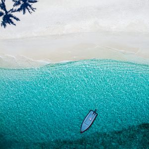 Preview wallpaper sea, beach, aerial view, boat, water