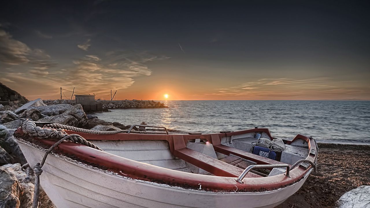 Wallpaper sea, beach, boat, sunset