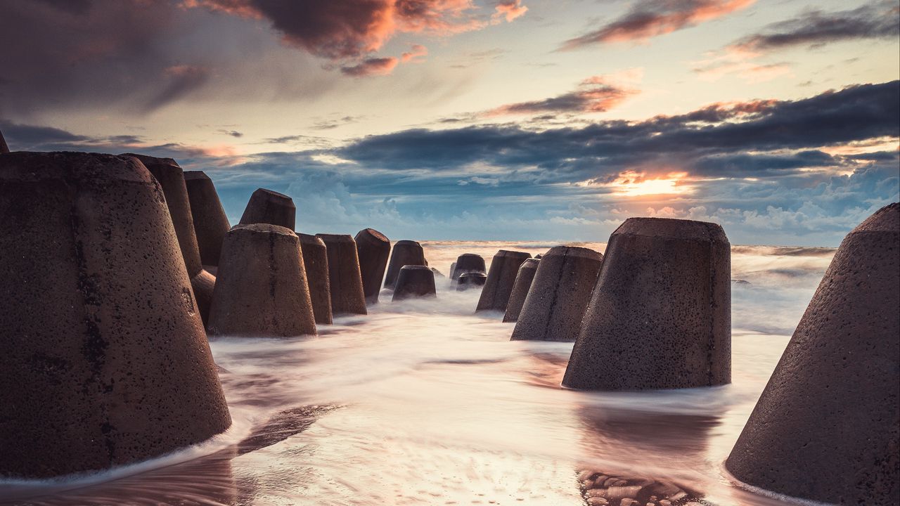 Wallpaper sea, beach, breakwaters, water, sand, sunset