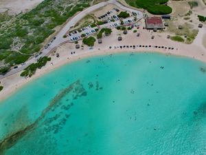 Preview wallpaper sea, beach, coast, tropics, road, cars, top view