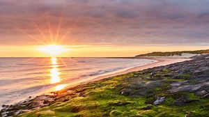 Preview wallpaper sea, beach, coast, rays, sun