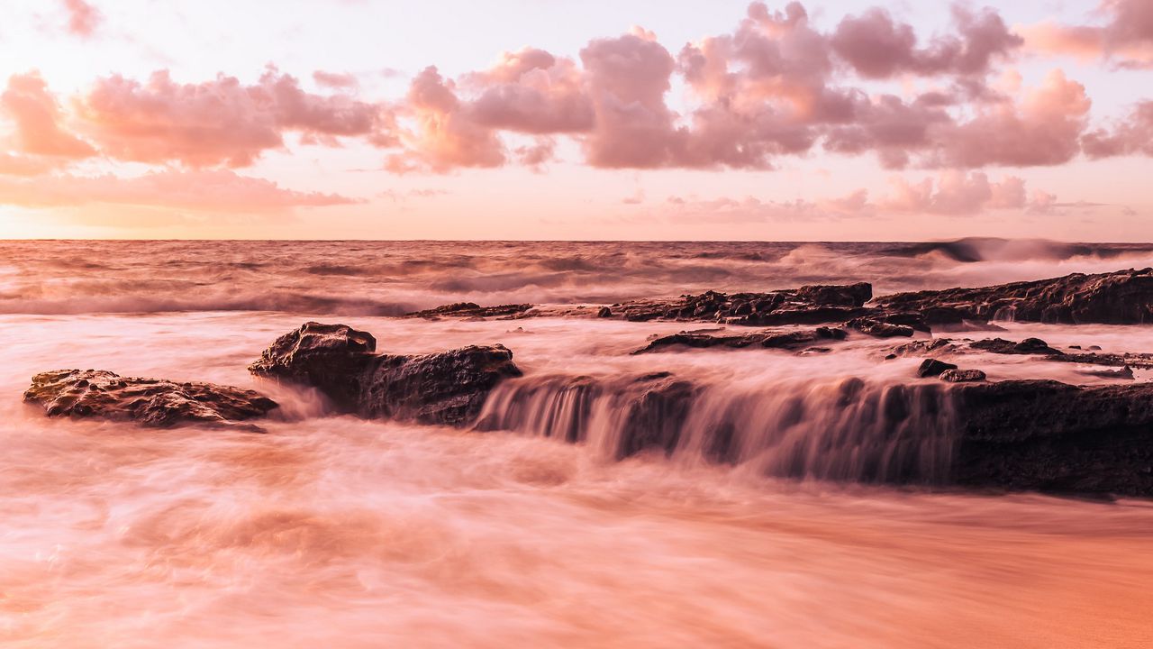 Wallpaper sea, beach, coast, waves, rocks, clouds
