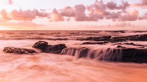Preview wallpaper sea, beach, coast, waves, rocks, clouds