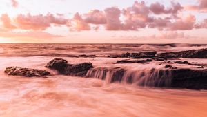 Preview wallpaper sea, beach, coast, waves, rocks, clouds