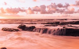 Preview wallpaper sea, beach, coast, waves, rocks, clouds
