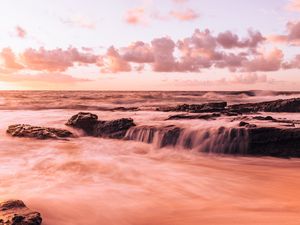 Preview wallpaper sea, beach, coast, waves, rocks, clouds