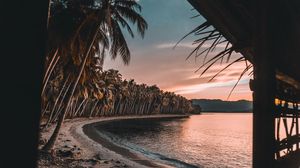 Preview wallpaper sea, beach, palm trees, sunset, tropics