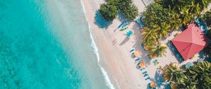 Preview wallpaper sea, beach, palm trees, umbrellas, summer, aerial view