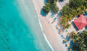 Preview wallpaper sea, beach, palm trees, umbrellas, summer, aerial view