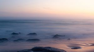 Preview wallpaper sea, beach, stones, fog, nature