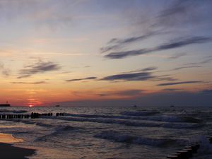 Preview wallpaper sea, beach, sunset, dusk, waves