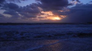 Preview wallpaper sea, beach, sunset, waves, dusk
