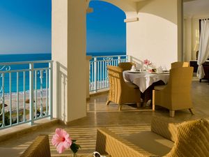 Preview wallpaper sea, beach, terrace, balcony, view, horizon, leisure