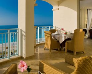 Preview wallpaper sea, beach, terrace, balcony, view, horizon, leisure