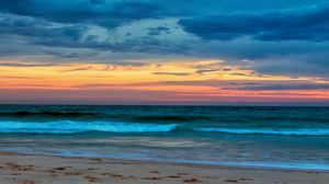 Preview wallpaper sea, beach, waves, clouds, sunset, landscape
