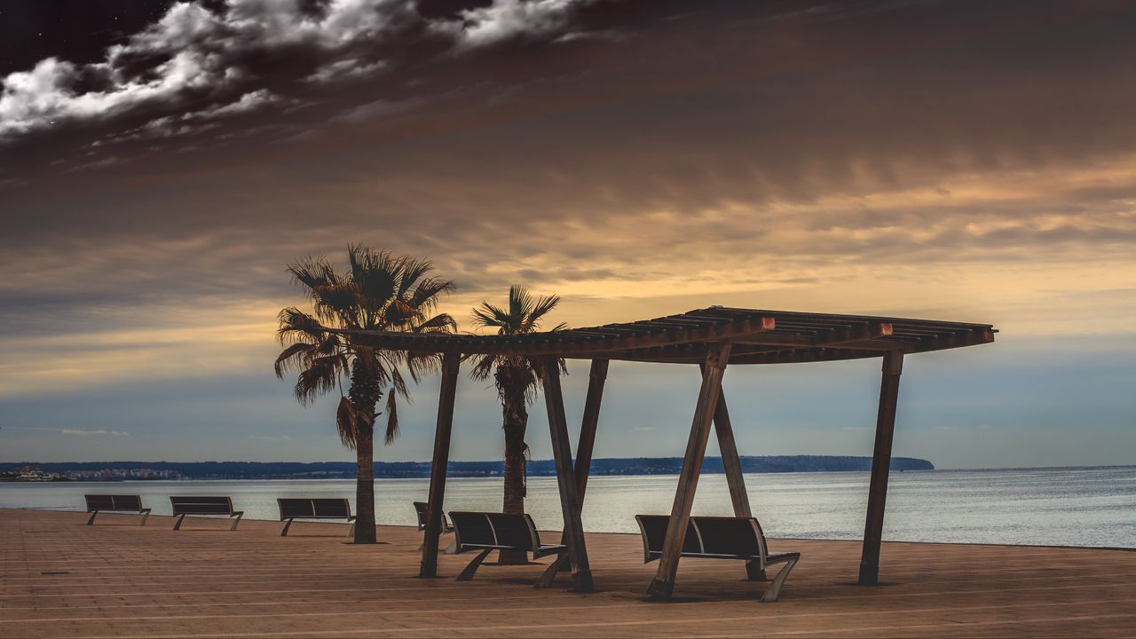 Wallpaper sea, benches, palms, rest, evening, clouds, starry sky