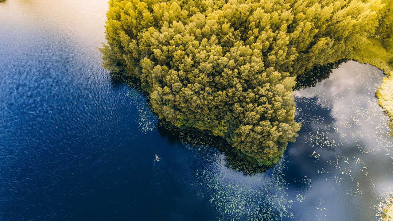 Wallpaper sea, boat, aerial view, trees, lithuania