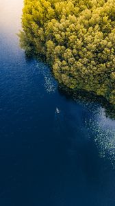 Preview wallpaper sea, boat, aerial view, trees, lithuania