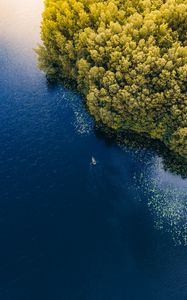 Preview wallpaper sea, boat, aerial view, trees, lithuania