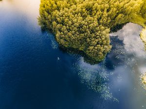 Preview wallpaper sea, boat, aerial view, trees, lithuania