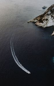 Preview wallpaper sea, boat, aerial view, waves, water, shore