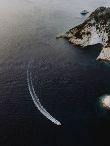 Preview wallpaper sea, boat, aerial view, waves, water, shore