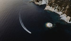 Preview wallpaper sea, boat, aerial view, waves, water, shore