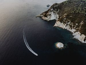 Preview wallpaper sea, boat, aerial view, waves, water, shore