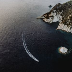 Preview wallpaper sea, boat, aerial view, waves, water, shore